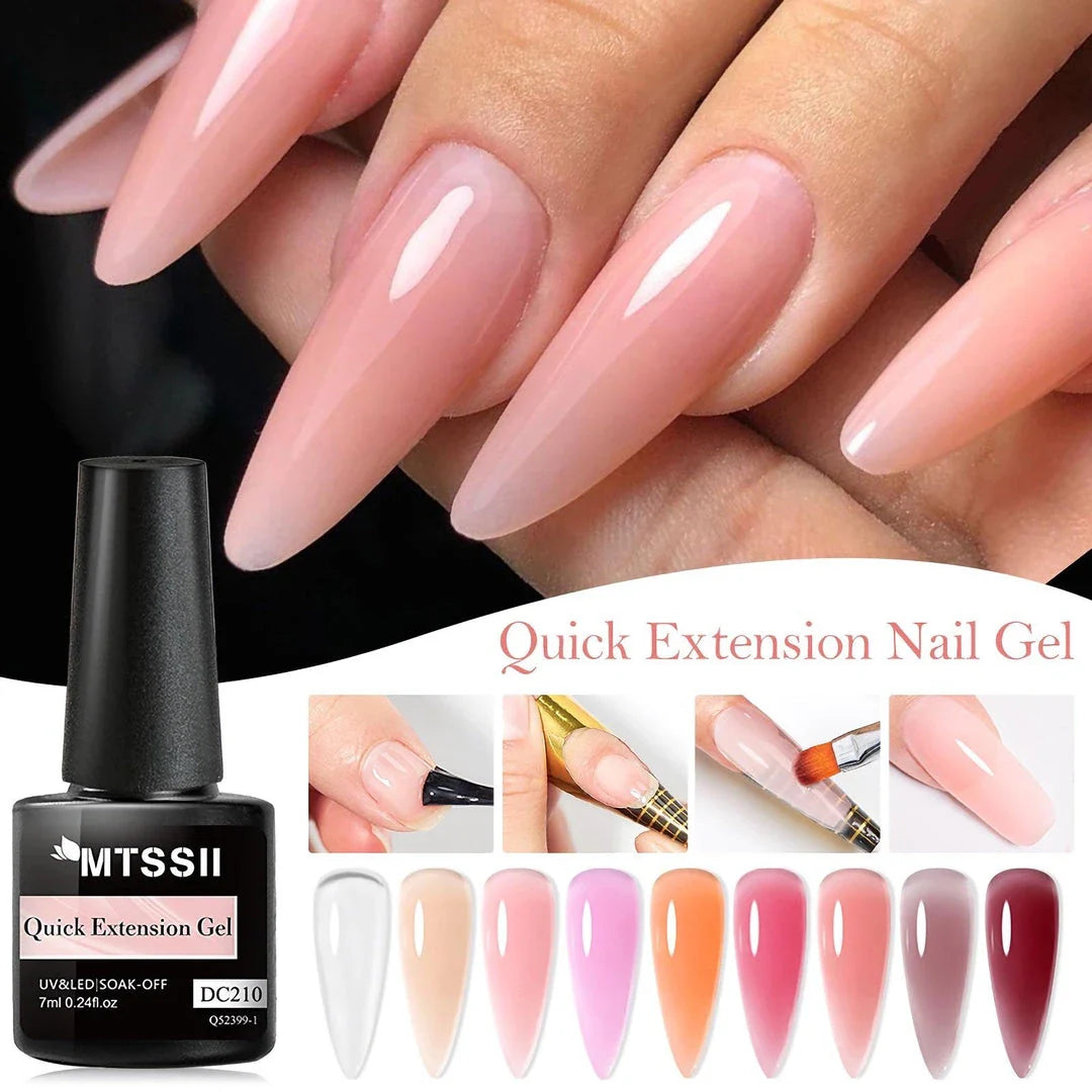 7ML Quick Extension Nail Gel in Glitter, Milky White, and Nude Pink shades for creating salon-quality nail extensions at home