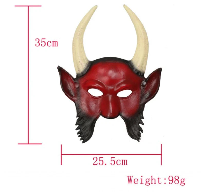 A terrifying Halloween mask with twisted horns and jagged fangs, crafted from premium acrylic materials