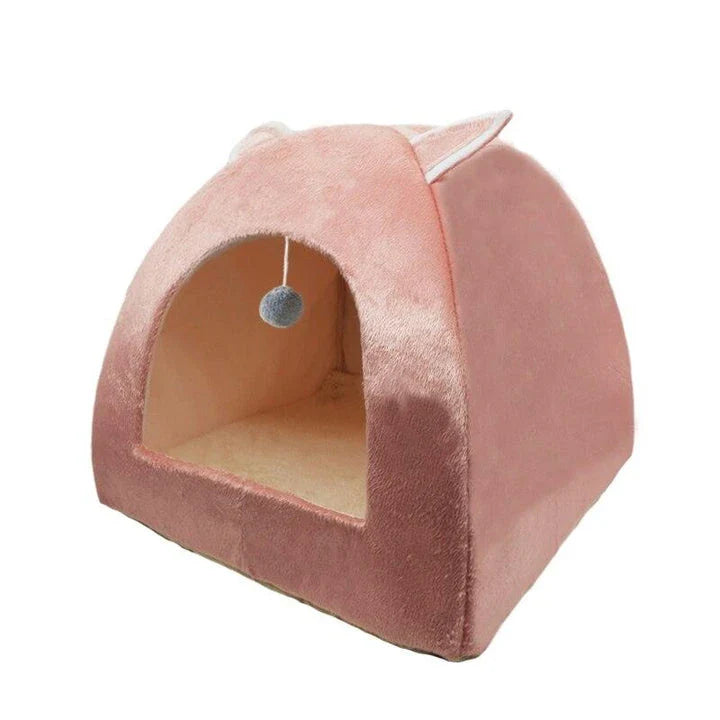 Cosy and foldable cat bed with interactive ball toy, available in a range of stylish colours to match your home decor