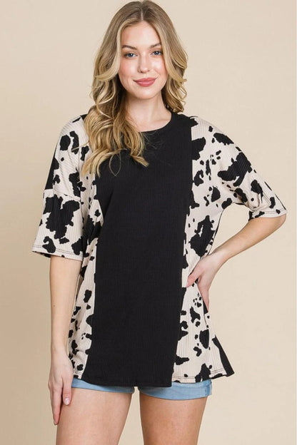 Stylish cow-print tee with ribbed fabric for Kiwi ladies, perfect for casual outings or night out with friends