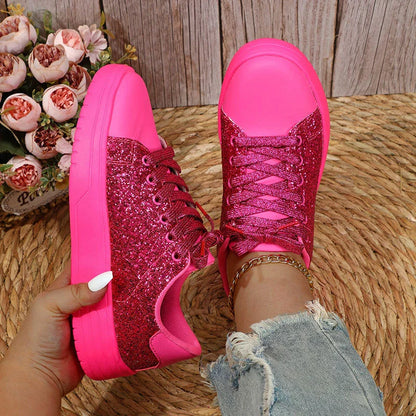 Stylish sequin sneakers for Kiwi women with thick soles and trendy lace-up design, available in various vibrant colours