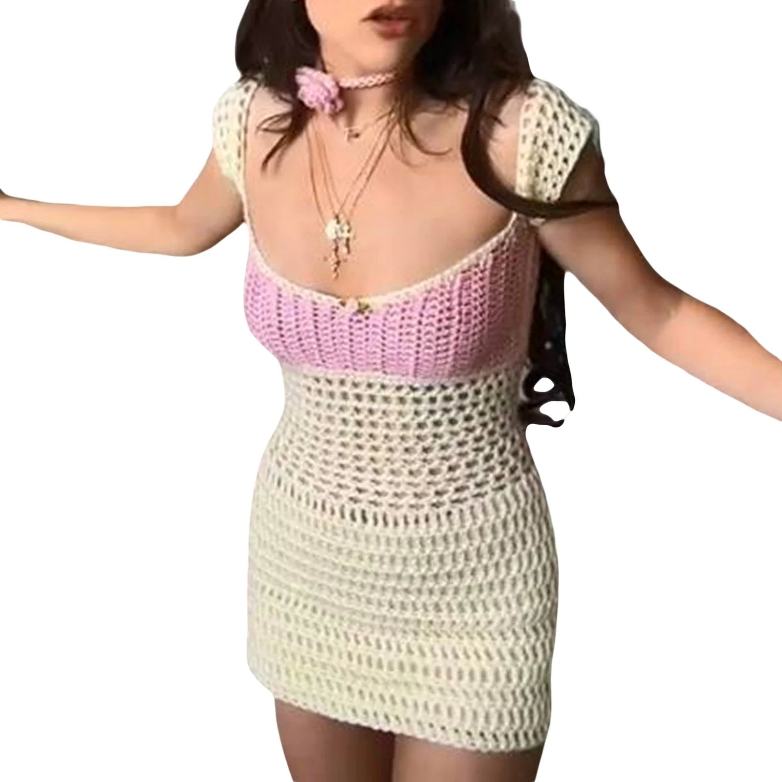 Stylish knitted dress with lace-up detail, available in blue, pink, and brown colors