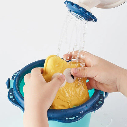 Colorful beach toy set with shovels, sand molds, and a convenient carry bag for outdoor fun