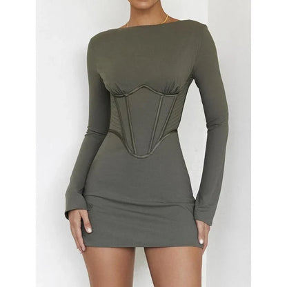 Stylish backless mini dress in green, featuring full sleeves and a flattering fit for the modern Kiwi woman