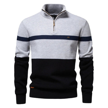 A stylish, slim-fit sweater in a modern colour-blocking design of Lake Green, White, and Grey, made with premium cotton for exceptional comfort and New Zealand casual style.