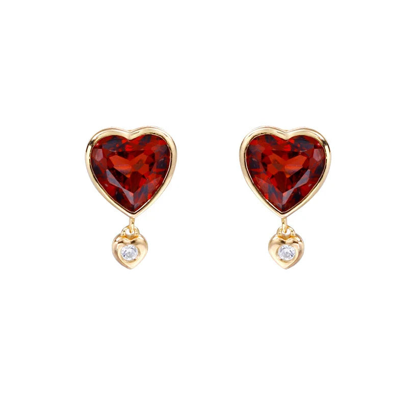 Sustainable Garnet and Zircon Earrings with a heart-shaped design, crafted in New Zealand using eco-friendly materials.