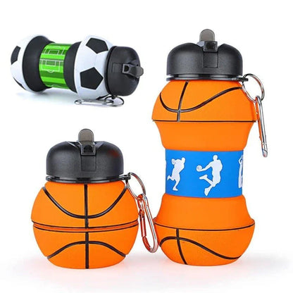 Foldable, leak-proof silica gel water bottle in orange, white/black, and green colors, designed for active Kiwi kids