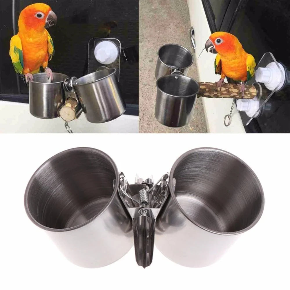 Stainless steel bird feeder with dual feeding cups and secure clip attachment, perfect for attracting a variety of native birds to your backyard