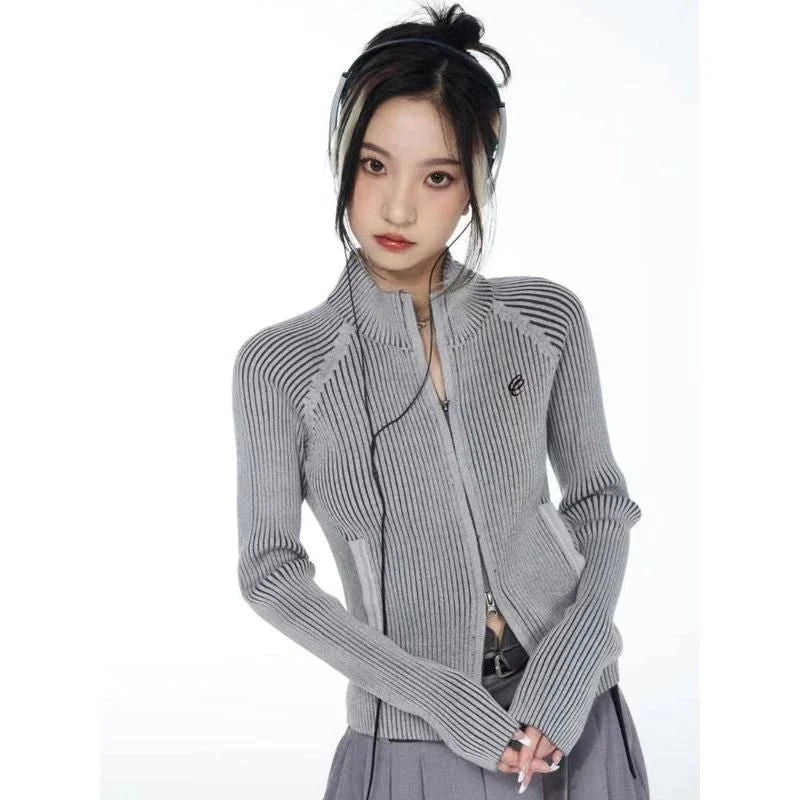 Embroidered Y2K Aesthetic Zipper Cardigan in gray, featuring unique character embroidery and a versatile design for all-season wear.