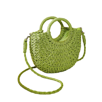 Stylish and eco-friendly straw woven beach bag for Kiwi women, featuring a unique half-moon shape, premium paper straw, and cotton lining.