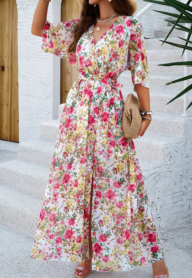 Stylish V-Neck Printed Dress with Cinched Waist, Ankle-Length, and Versatile Design