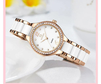 Ceramic Ladies Bracelet Watch in a silver and white color with a durable stainless steel buckle