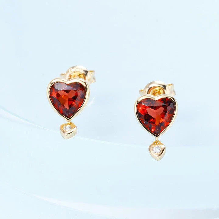 Sustainable Garnet and Zircon Earrings with a heart-shaped design, crafted in New Zealand using eco-friendly materials.