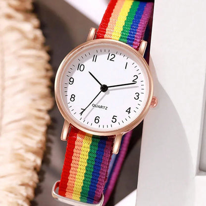 Rainbow-coloured fabric strap women's wristwatch with alloy case and quartz movement