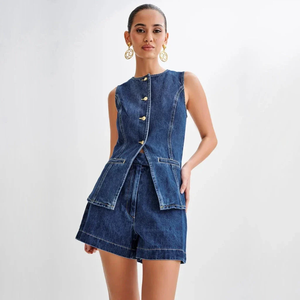 A stylish denim two-piece summer set with a sleeveless vest and wide-leg shorts, perfect for embracing the Y2K fashion trend in New Zealand.