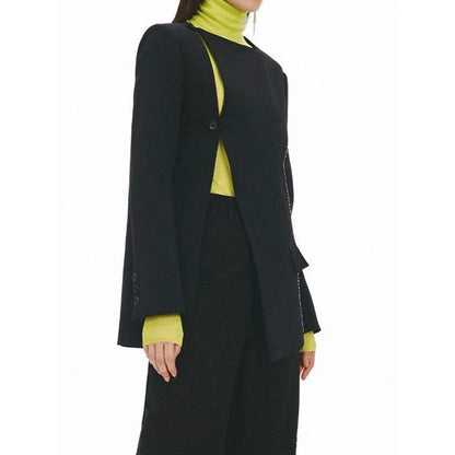 Chic Summer Women's Black Asymmetric Blazer with unique design and tailored fit