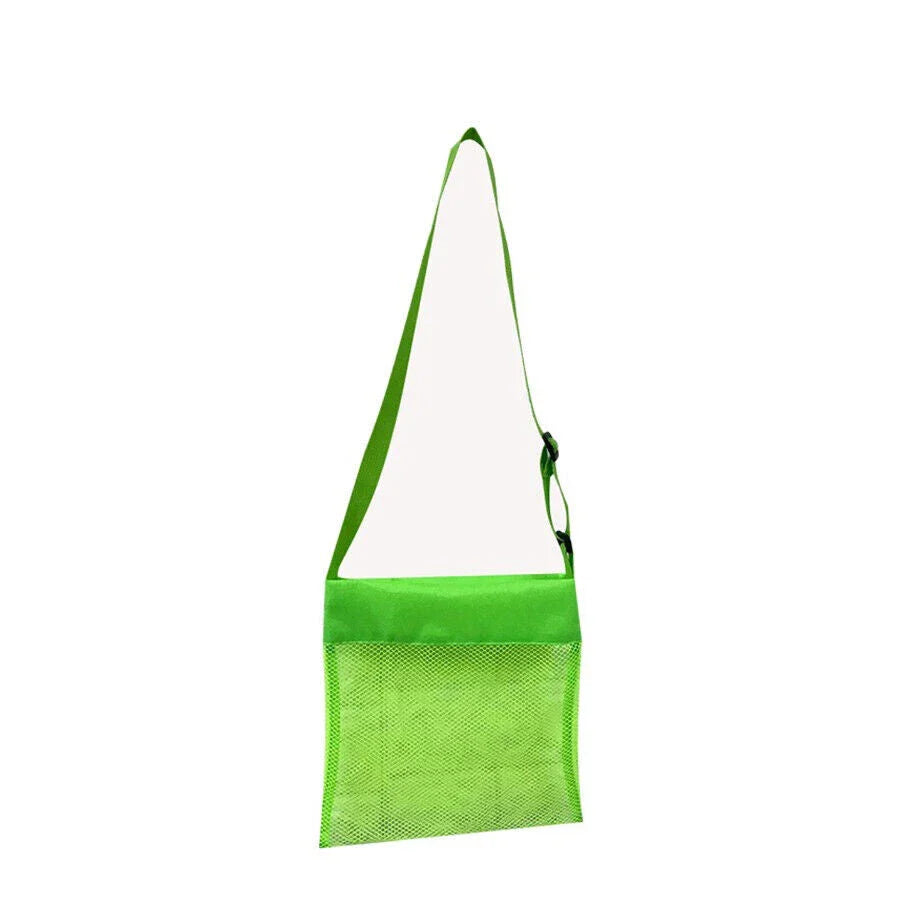 Versatile mesh beach bag in green, featuring a roomy interior, reinforced bottom, and breathable design for outdoor activities