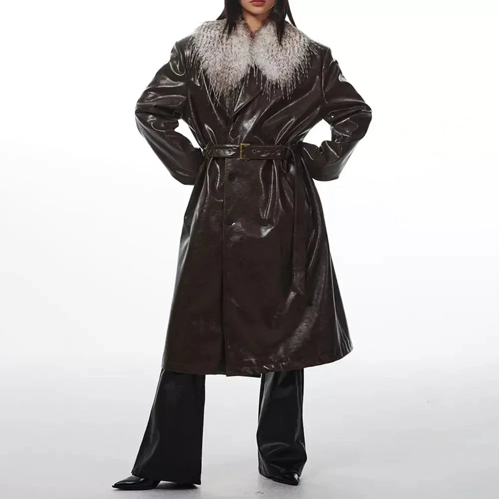 Women's chic PU leather overcoat with detachable fur collar and belt in brown