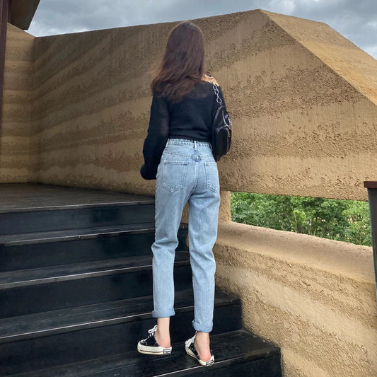 Trendy Autumn Pants: Straight-Leg, High-Waisted Denim Trousers in Light Blue