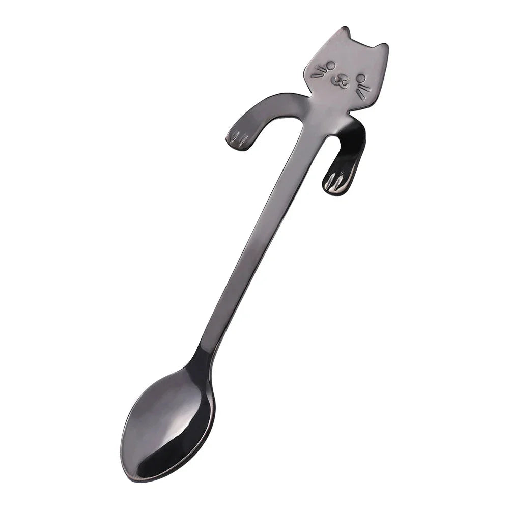 Charming cat-shaped stainless steel teaspoon with a sleek gold finish, perfect for Kiwi kitchens