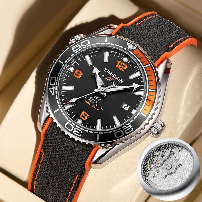 Stylish silver mechanical watch with luminous hands and indices, transparent bottom, and orange accent circle