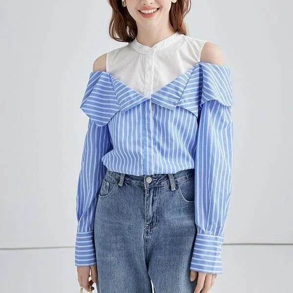 A stylish striped long sleeve off-shoulder blouse made from a premium cotton-polyester blend, perfect for the Kiwi lifestyle.