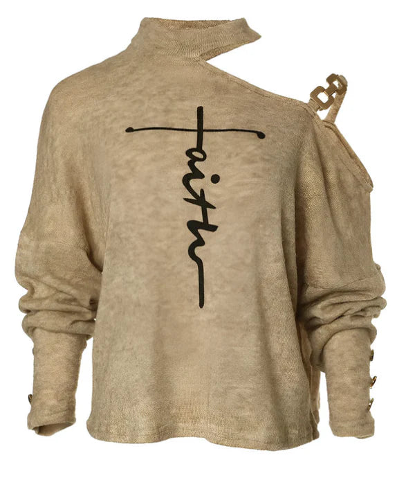 Stylish diagonal shoulder chain embellished long sleeve top in black, perfect for casual Kiwi-inspired fashion