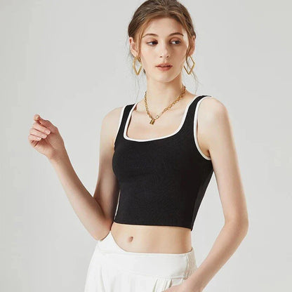 Stylish padded sleeveless crop top in a unique patchwork design, perfect for Kiwi women's active lifestyles.