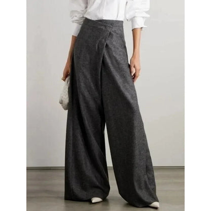 Chic high-waist woollen wide-leg pants with asymmetric details, perfect for the modern Kiwi woman's winter wardrobe