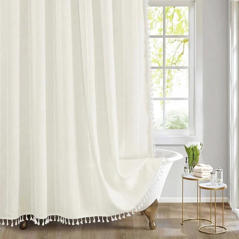 Elegant bohemian-style shower curtain with unique stitching design, perfect for creating a serene and stylish Kiwi bathroom atmosphere.