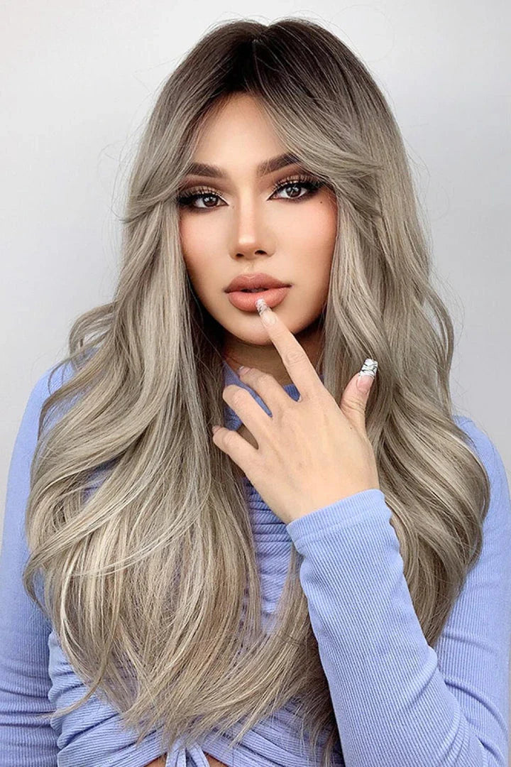 Stylish 26-inch long wave synthetic wig in silver/gray color with comfortable basic cap construction