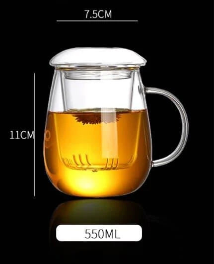 A sleek, minimalist glass tea mug with a touch of Chinese-inspired elegance, perfect for enjoying hot or cold beverages.