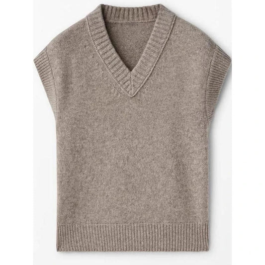 A cosy and stylish women's knitted vest in a neutral colour, with a V-neck design and sleeveless silhouette for easy layering.