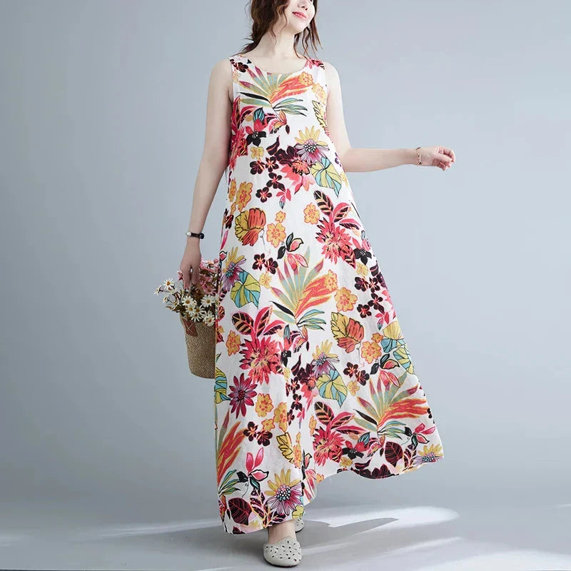 Elegant floral print cotton linen long dress with a classic O-neck and flattering A-line silhouette, perfect for Kiwi women's warm-weather style