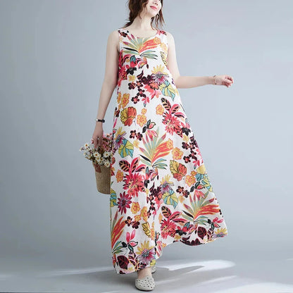 Elegant floral print cotton linen long dress with a classic O-neck and flattering A-line silhouette, perfect for Kiwi women's warm-weather style