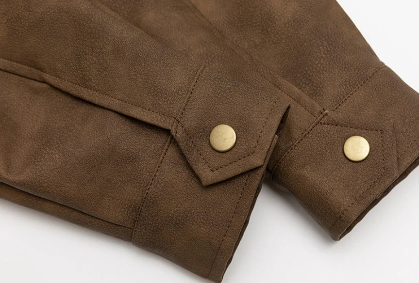 Kiwi-inspired leather jacket with a relaxed, loose fit and classic design elements