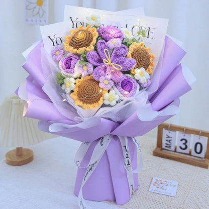 Stunning knitted flower bouquet with vibrant, candied flowers and LED lighting