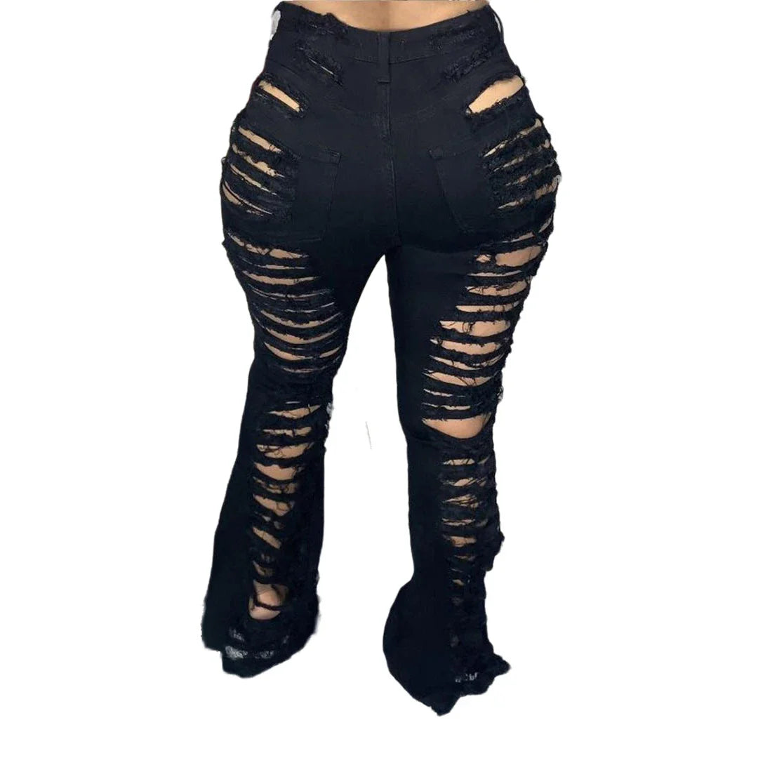 Stylish stretch denim flare jeans in black and light blue colors, featuring a high-waisted, bell-bottom design for a flattering, retro-inspired look.