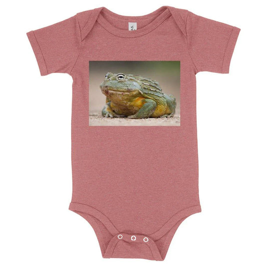 Comfy Kiwi Bullfrog Onesie with envelope neckline and three-snap leg closure, made of premium Airlume clean cotton blend