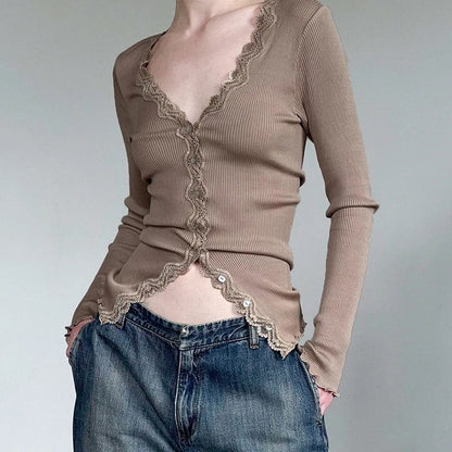 Stylish khaki ribbed long sleeve t-shirt with lace detailing for a sophisticated and comfortable look