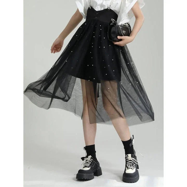 Stylish Dot Mesh Midi Skirt in black, featuring an asymmetrical silhouette and delicate dot mesh overlay