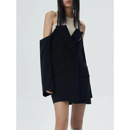 Stylish halter neck double-breasted black blazer for Kiwi women, featuring a unique design and premium materials