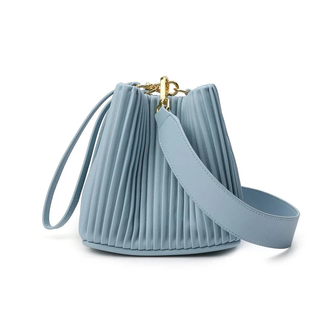 Elegant microfibre leather bucket bag with ruched design, suitable for Kiwi lifestyles