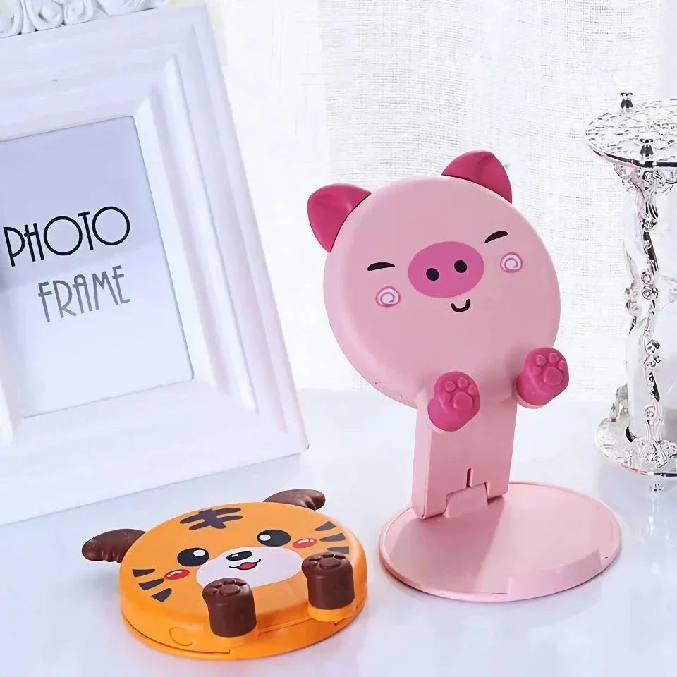 Adjustable Foldable Phone and Tablet Stand with Cute Pig-Tiger Design for Ergonomic Viewing