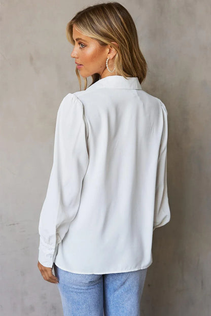 Gathered Detail Puff Sleeve Shirt in blue, featuring a collared neckline, buttoned front, and distinct puff sleeves for a timeless Kiwi style.