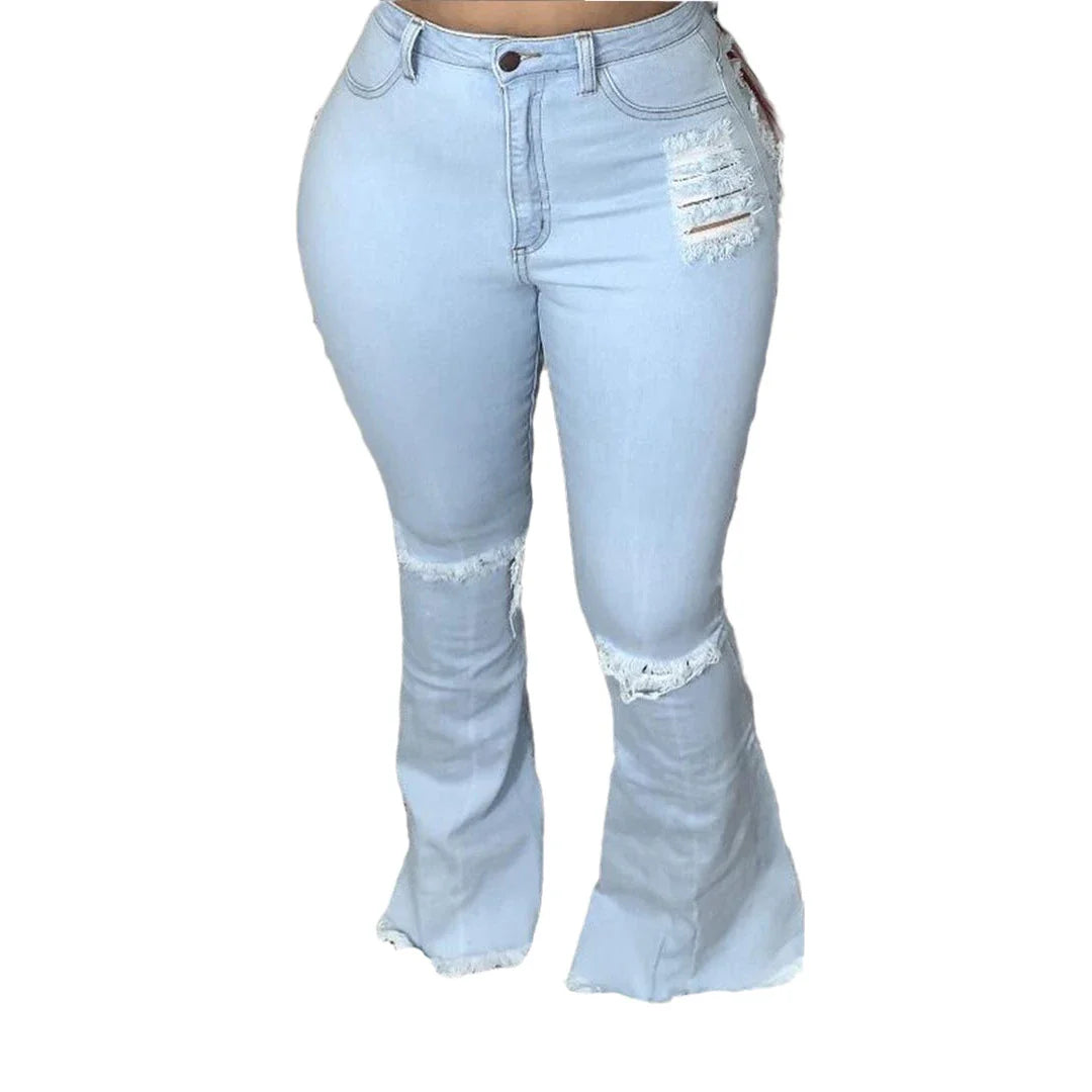 Stylish stretch denim flare jeans in black and light blue colors, featuring a high-waisted, bell-bottom design for a flattering, retro-inspired look.
