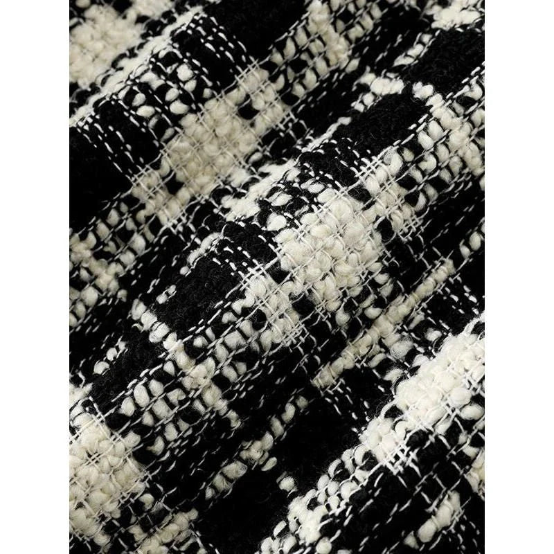 Stylish plaid woollen women's short jacket with contrast colour patchwork, perfect for Kiwi winters