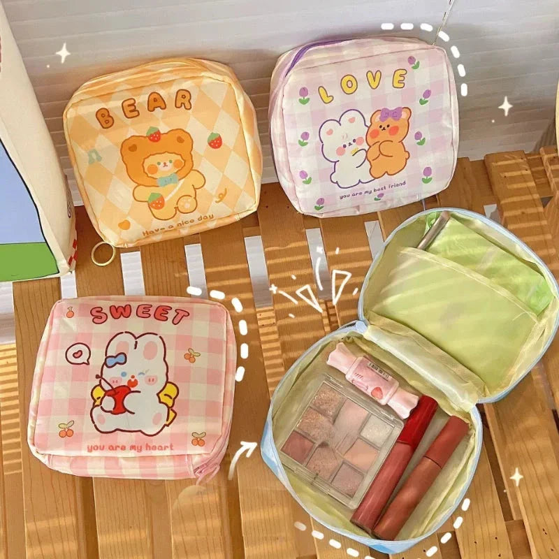 Adorable cartoon nylon cosmetic bag with a secure zipper closure and compact design, perfect for Kiwi consumers to organise their daily essentials.