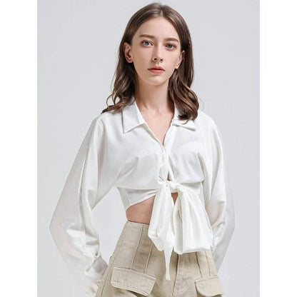 Elegant Vintage V-Neck Long Sleeve Crop Blouse in solid white color, a timeless wardrobe essential for Kiwi women