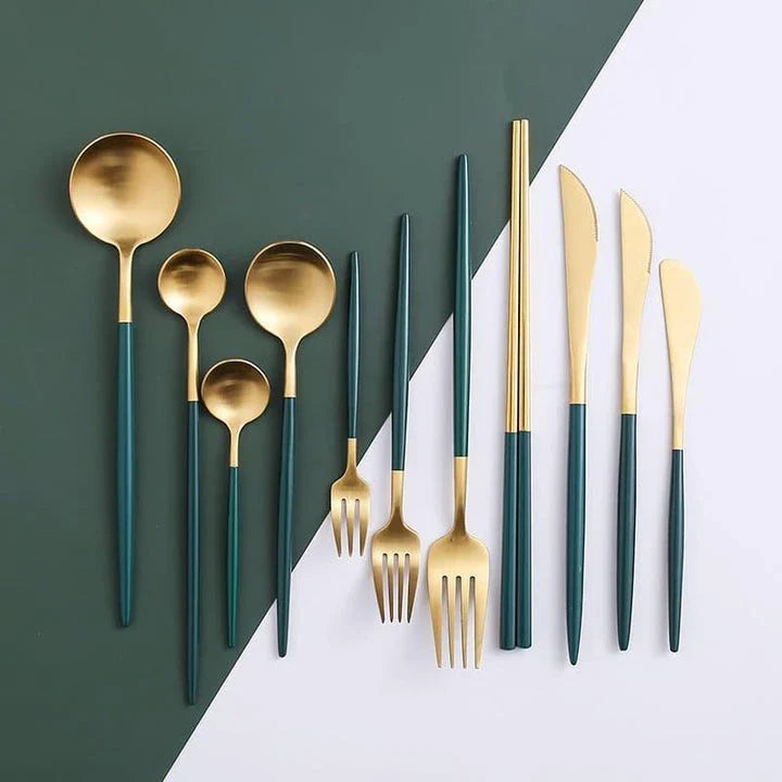 A set of eco-friendly, minimalist tableware in green and gold colors, suitable for 4 diners in a New Zealand home.